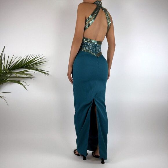 Vintage 90s Turquoise & Gold Beaded Open Back Elegant Prom Pageant Dress / Sz: 4 - Picture 2 of 5